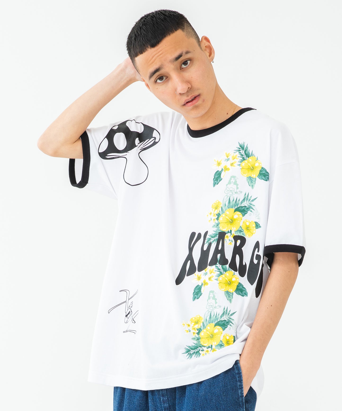 S/S FLORAL PRINT RINGER TEE T-SHIRT XLARGE