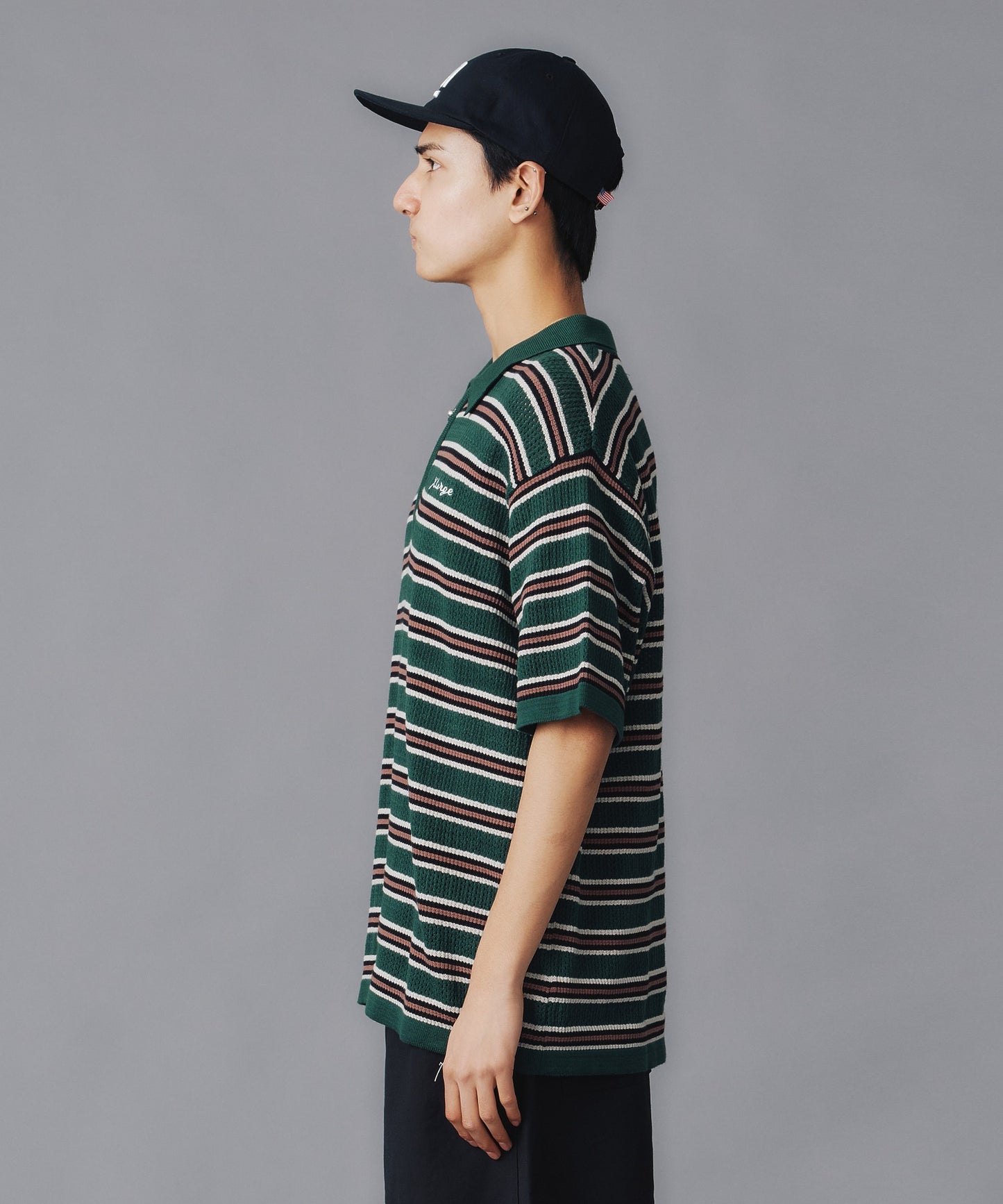 STRIPED MESH KNIT POLO SHIRT