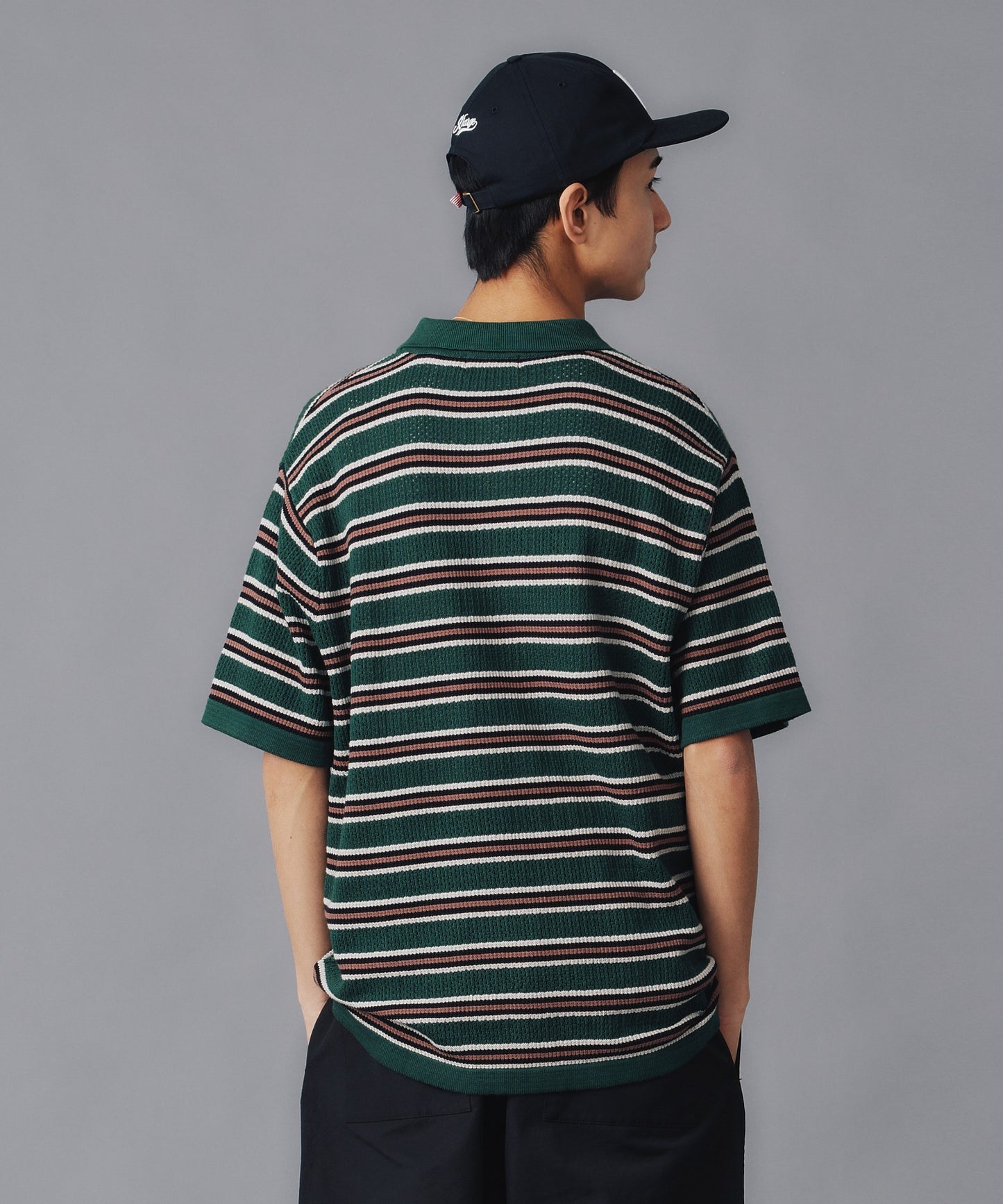 STRIPED MESH KNIT POLO SHIRT